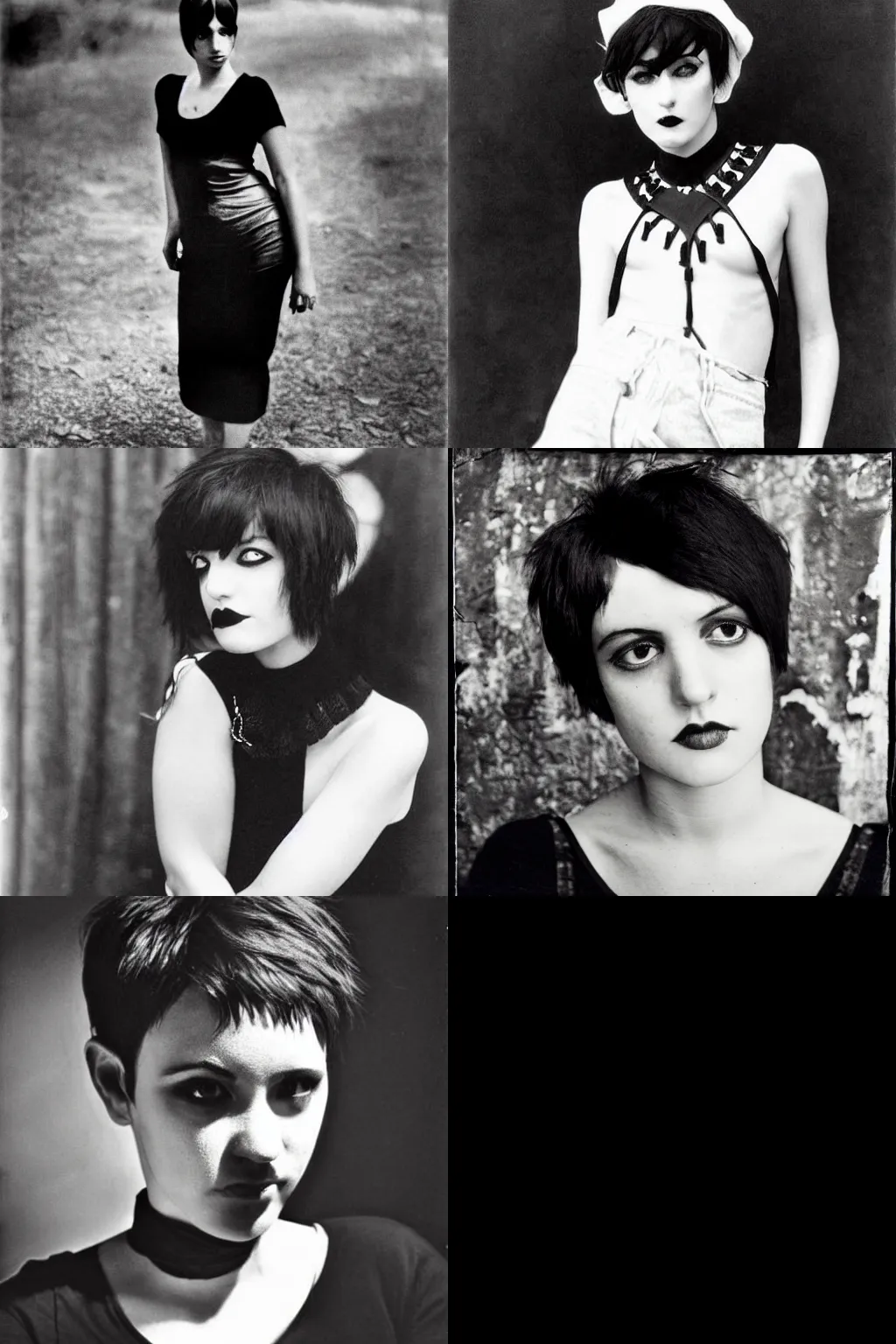 Prompt: goth by ansel adams. high - quality character portrait. short dark brown messy pixie haircut, slightly rounded face, large black eyes!!!, pointed chin, small nose, black tank top, black leather jacket, black knee - length skirt, black choker.