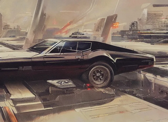 Image similar to ( ( ( ( ( 1 9 8 2 pontiac trans am, jaguar e - type, car concept art, sci - fi illustration, painting ) ) ) ) ) by vincent di fate and john berkey and blade runner 2 0 4 9!!!!!!!