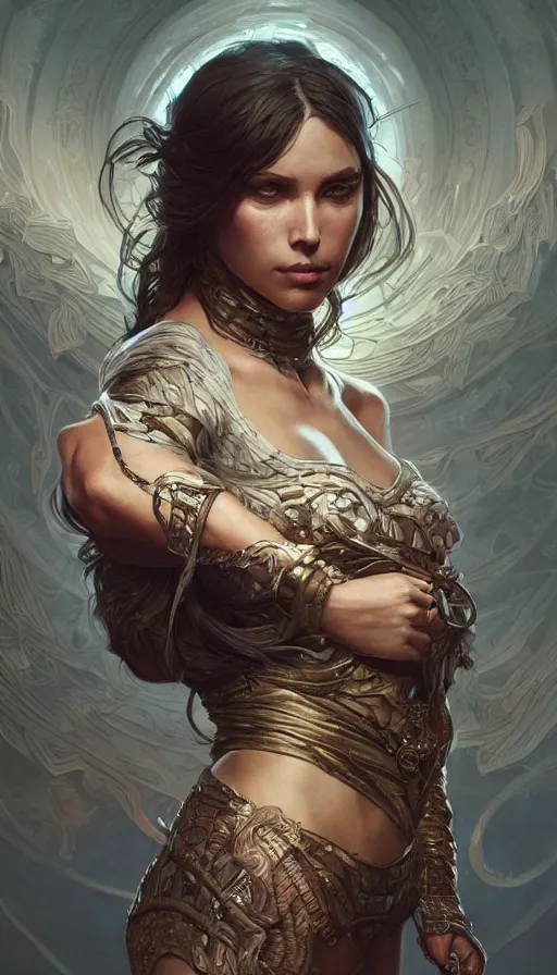 Prompt: huntress, fibonacci, sweat drops, insane, intricate, highly detailed, digital painting, artstation, concept art, smooth, sharp focus, illustration, Unreal Engine 5, 8K, art by artgerm and greg rutkowski and alphonse mucha