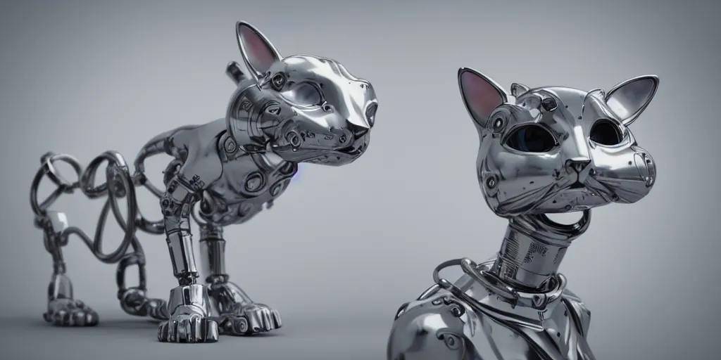 Image similar to a modern cybernetic cat made from porcelain and steel, insane reflexions, pastel colored, daylight, peaceful, 8 k, ambient occlusion, octane render