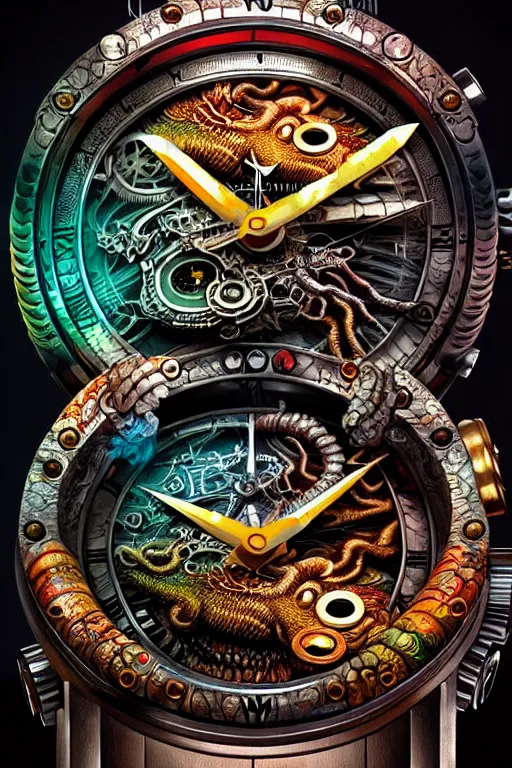 Prompt: intricate cyberpunk dragon chronograph tourbillon clocks james gurney, dan luvisi, Petros Afshar, tim hildebrandt, liam wong, Mark Riddick, thomas kinkade, ernst haeckel, dan mumford, trending on artstation, josephine wall, WLOP, cgsociety by Gediminas Pranckevicius, trending on cgsociety and DeviantArt