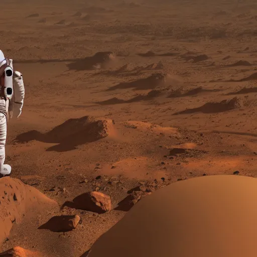 Image similar to an astronaut with their back to the camera, standing on top of a tall cliff, looking out over a civilisation on mars, cinematic, ultra realistic, 8 k, hd render