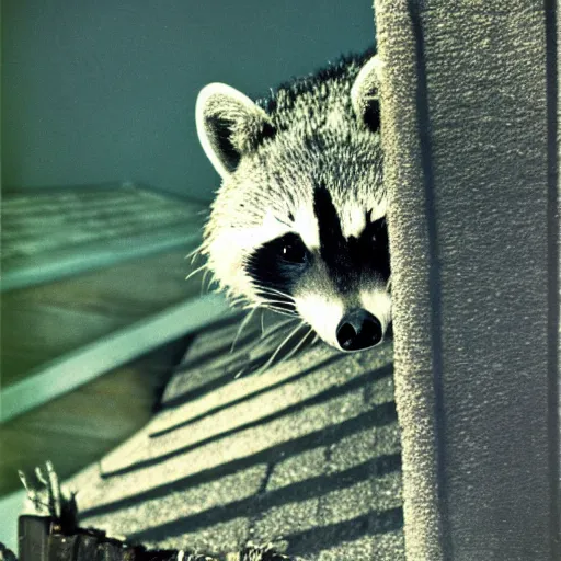 Image similar to 1 9 6 8 national geographic, raccoon on roof, backlit,