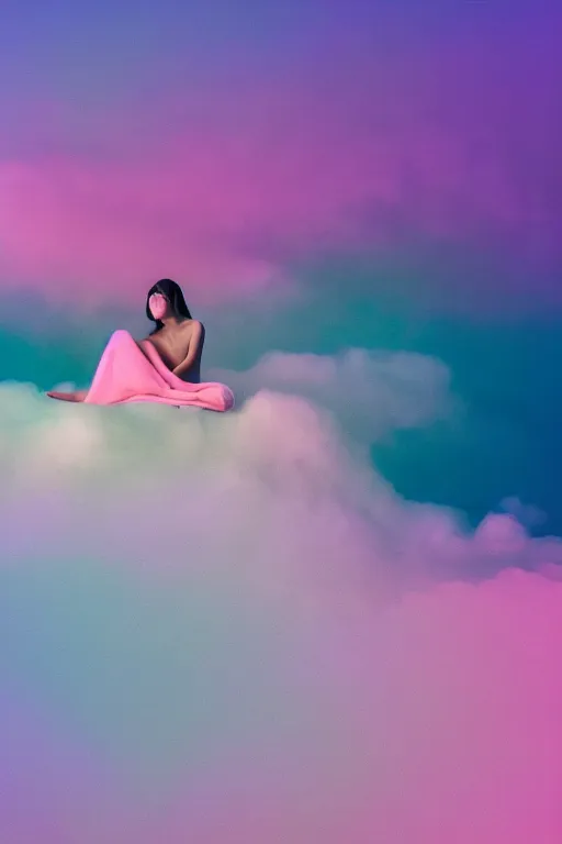 Image similar to high quality pastel coloured film photograph of a model wearing clothing resting on cloud furniture in a nordic black rock environment in a partially haze filled dreamstate world. three point light, rainbow. photographic production. art directed. pastel colours. volumetric clouds. pastel gradient overlay. waves glitch artefacts. 8 k. filmic.