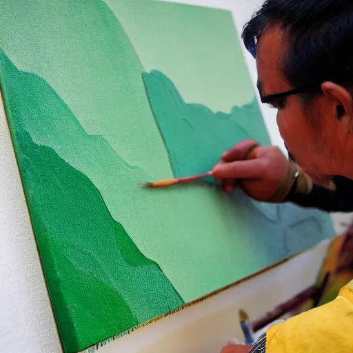 Image similar to A Peruvian artist painting a plain green picture on canvas