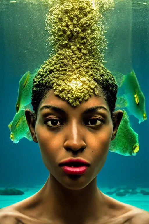 Image similar to hyperrealistic precisionist cinematic half underwater scene with fish and algae, very expressive! translucent elegant african goddess getting out of water, gold jewerly, highly detailed face, digital art masterpiece, aykut aydogdu zener, dramatic volumetric light, long shot, low angle uhd 8 k, sharp focus