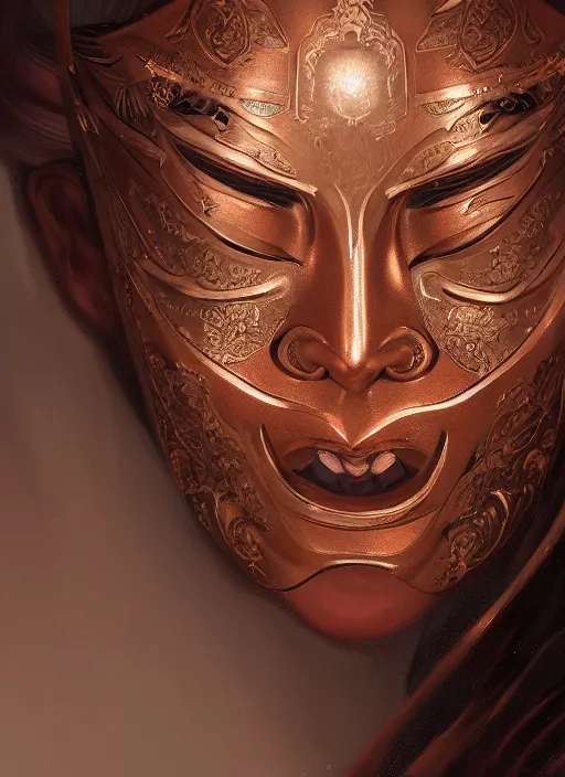 Image similar to a beautiful detailed oil on copper art illustration of a japanese samurai demon mask woman, the mask is broken, centered, by charlie bowater, zeng fanzh, trending on artstation, dim dusk lighting, cinematic lighting, detailed lighting, volumetric lighting, realistic, f 8, 4 k hd wallpaper