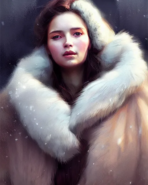 Prompt: a beautiful siberian girl with bear fur coat and neckline | | winter, realistic shaded, unpleasant face, bad looking, fine details, realistic shaded lighting poster by greg rutkowski, magali villeneuve, artgerm, jeremy lipkin and michael garmash and rob rey