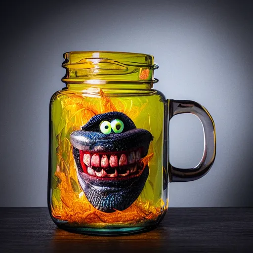 Image similar to Evil monster in a jar, product photography, centered, studio lightning