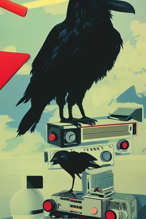 Image similar to a raven drowning in 8 0 s era technology, vintage shapes, retro technology, soft color, wayne barlow, oil on canvas, deep depth of field, masterpiece, cinematic composition, hyperdetailed