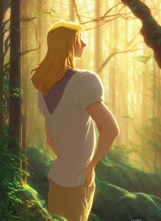 Image similar to book cover design, slender young man with shoulder length golden blond hair, shiny and sparkling, from behind, back shot, high angle, lost in a magical forest, natural lighting, path traced, highly detailed, high quality, cartoon, digital painting, by don bluth and ross tran and studio ghibli and alphonse mucha