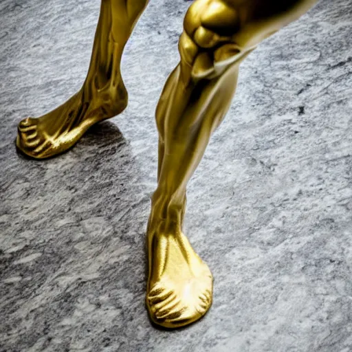 Image similar to stunning close up photograph of marble sculpture of strong masculine man's legs made of marble set on fine gold base, masculine texture background, 40mm lens, shallow depth of field, split lighting