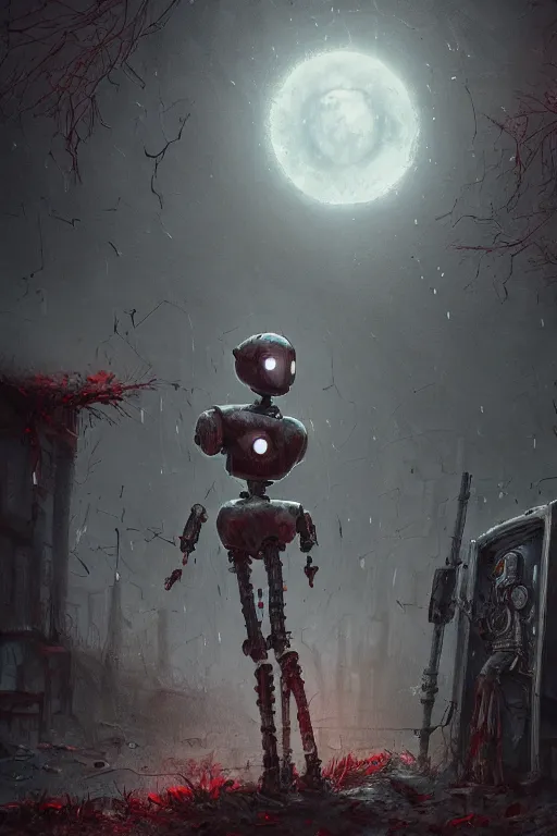 Image similar to broken robot in dirty torn tatters conjures zombie summoning magic, night, rain, moonlight, graveyard, highly detailed, digital painting, artstation, sharp focus, illustration,