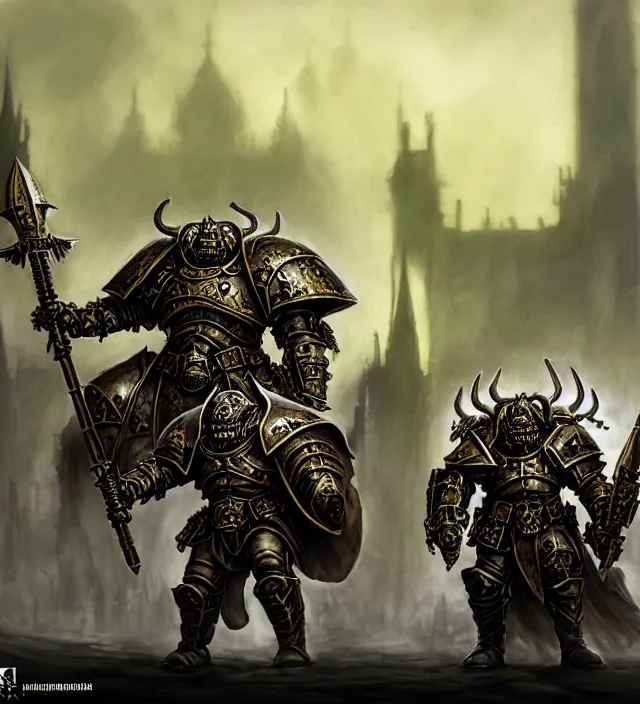 Image similar to armor _ portrait _ heros _ warhammer _ 4 _ 0 _ k _ - pestilence, nurgle warrior, champion _ the _ primarchs _ emperor _ by _ johannes _ helgeson _ animated _ with _ vfx _ concept _ artist _ _ with cathedrals in the background, battlefield, army fighting, undead illustrated by ruan jia