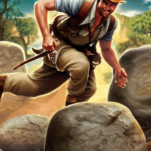 Image similar to Indiana Jones running away from boulder trap, boulder chase, underground sandstone temple background, giant round stone chasing Indian Jones, raiders of the lost ark, anime key visual