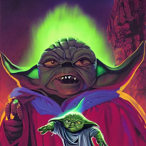 Prompt: portrait of angry evil yoda as a dark sith, overwhelming energy, detailed background by m. w. kaluta, dark side, volumetric lighting, colorful vapor, deep dark color, floating molecules, digital painting, oil painting, artwork by ralph mcquarrie + cory loftis + paul lehr + ian mcque + eddie mendoza