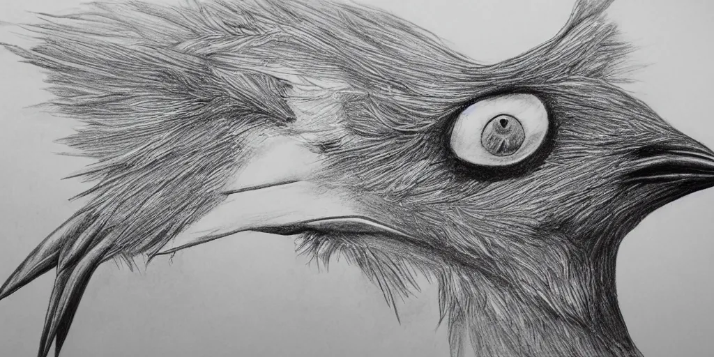 Image similar to pencil drawing of a magical bird, black and white, extremely detailed, biology drawing, 4k