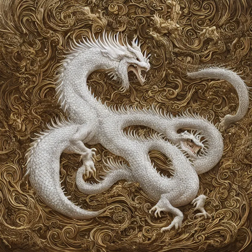 Image similar to amazing exquisite matte painting, close - up portrait of a chinese white dragon, sacred, shimmer, exquisite detail, huge details, gold detailed line work, by xision and yukii morita,, james jean, trending on artstation