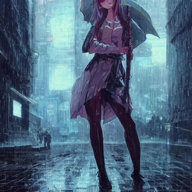 Prompt: full body portrait of beautiful anime girl standing in the rain, holding a sword, wearing an oversized jacket, an ultrafine illustration by pan ren wei, wlop, greg rutkowski, intricate linework, urban nighttime setting, neon lights illuminating, unreal engine 5, global illumination, detailed environment, trending on artstation.