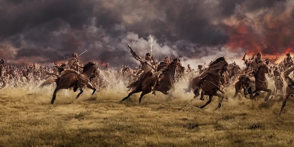 Prompt: promotional movie still rendered in octane, of an action shot from the battle of little bighorn, custer's last stand, majestic action, focusing on the offset center of the scene, intense dramatic hdr, natural light, cinematic lighting, extremely high detail, photorealistic, imax 7 0 mm, iso 4 0 0, 8 k, 4 k, hq