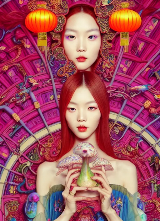 Image similar to pretty chinese model with magic mushroom : : by martine johanna and simon stalenhag and chie yoshii and casey weldon and wlop : : ornate, dynamic, particulate, rich colors, intricate, elegant, highly detailed, vogue, harper's bazaar art, fashion magazine, smooth, sharp focus, 8 k, octane render,