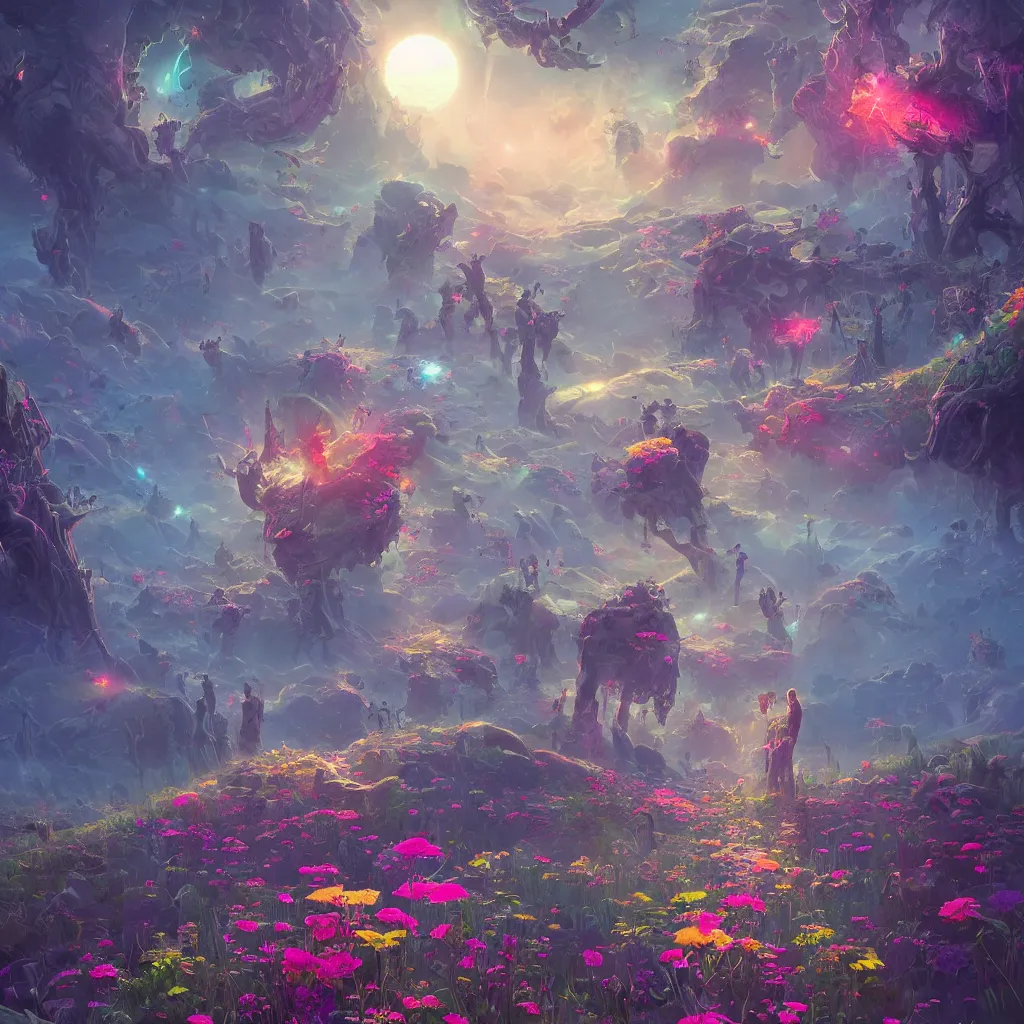 Prompt: digital illustration, a world full of life divine thrill of the biological tranquil sky, atoms floating gothic harts, flowers, in the style of greg rutkowski and lisa frank hr giger, bright color splashes, high detailed 8 k