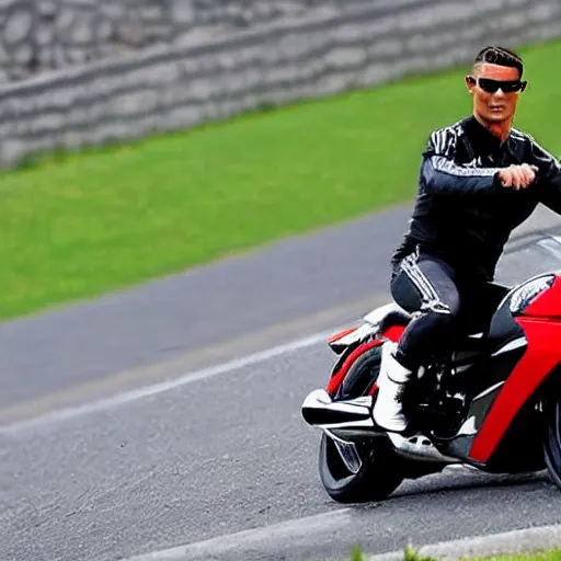 Prompt: Cristiano Ronaldo riding a motorcycle
