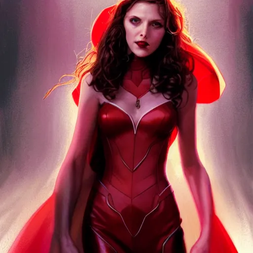 Prompt: Scarlet witch marvel, Sarah Michelle Gellar, evil smile, realistic character concept, medium shot, fun pose, comic book, illustration, slender symmetrical face and body, cinematic lighting, hyperdetailed, high resolution, Charlie Bowater, Tom Bagshaw, Norman Rockwell, symmetrical eyes, single face, insanely detailed and intricate, beautiful