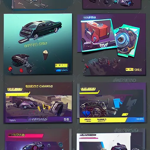 Image similar to car engine car parts concept art, cards, comic page, realistic fortnite, ui cards