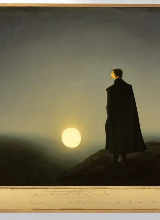 Prompt: a human silhouette observing an eclipse in the distance, painted by caspar david friedrich