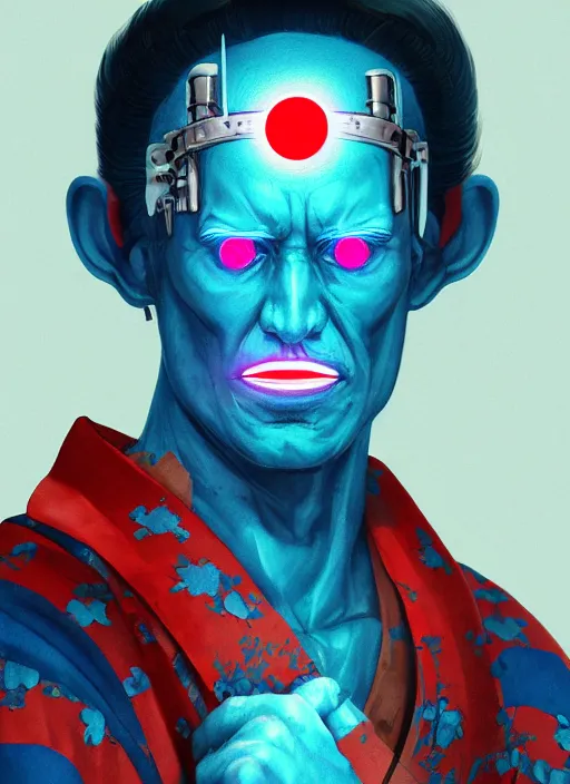 Image similar to a portrait of Franky the cyborg as a real man, wearing a traditional kimono dress, blue elvis hair, handsome chad chin, glowing red laser left-eye, intricate, highly detailed, digital painting, artstation, concept art, smooth, sharp focus, illustration, art by Gustave Baumann, matte painting