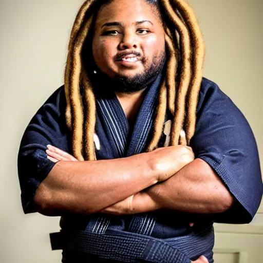 Image similar to photo of chubby black bjj athlete with long dreads posing