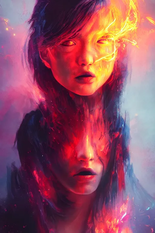 Prompt: a beautiful portrait of a Demon girl covered in deep colourful flames by Greg Rutkowski, Sung Choi, Mitchell Mohrhauser, Maciej Kuciara, Johnson Ting, Maxim Verehin, Peter Konig, Bloodborne , 8k photorealistic, cinematic lighting, HD, high details, atmospheric , trending on artstation