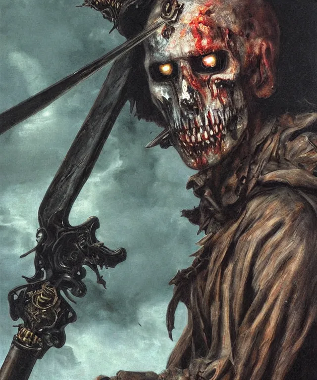 Prompt: ultra realistic color portrait painting of an undead 1 7 th century pirate with a sword in a grotto, dark, painted, brooding, atmospheric, seascape, horror, smooth, epic, highly detailed, cinematic, by clyde caldwell