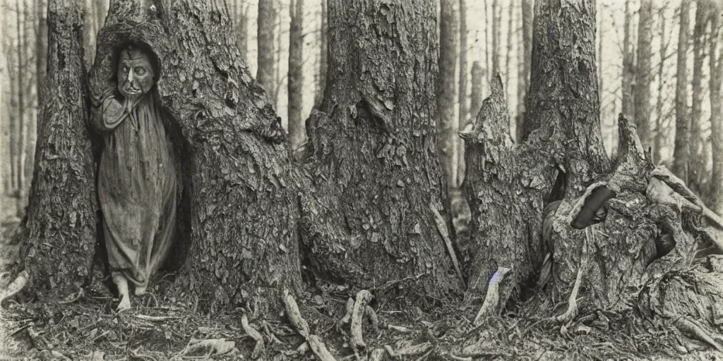 Image similar to shocked human face intertwined and fused with a tree bark in an ominous forest, 1900s photography