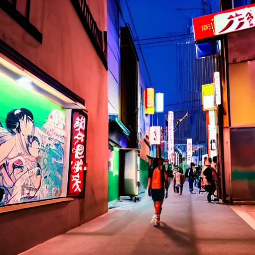 Image similar to people walking down futuristic Japanese street with graffiti and neon signs in the background