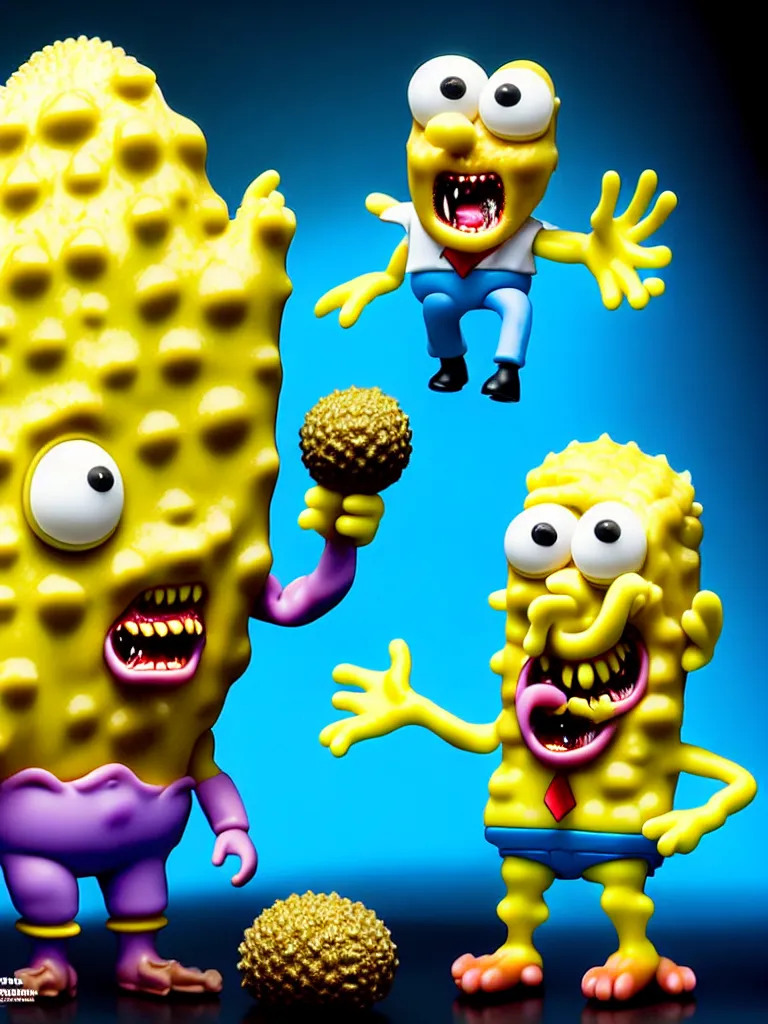 Image similar to hyperrealistic rendering, fat smooth john carpenter flesh monster spongebob by art of skinner and richard corben and jeff easley, product photography, action figure, sofubi, studio lighting, colored gels, colored background