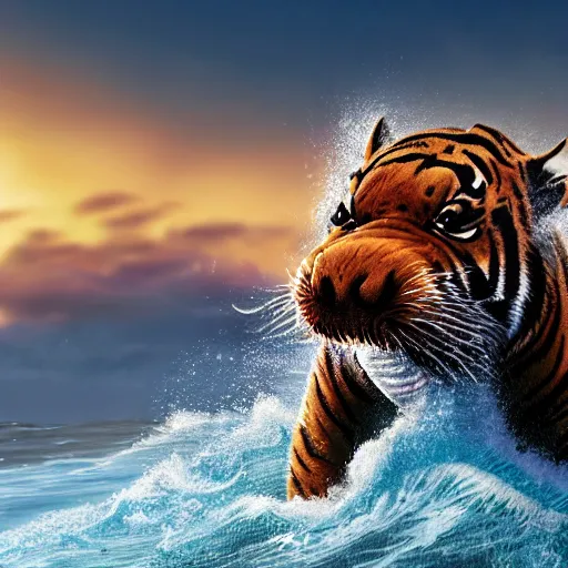 Image similar to a closeup photorealistic photograph of a smiling cute tiger hippopotamus riding a large wave during sunset. surf in the background. professional capture. brightly lit scene. this 4 k hd image is trending on artstation, featured on behance, well - rendered, extra crisp, features intricate detail, epic composition and the style of unreal engine.