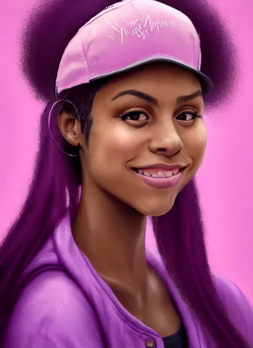 Image similar to portrait of vanessa morgan, black teenage girl, pink hair, wavy pixie haircut, purple newsboy cap, fluffy pink hair coming out from under cap, hoop earrings, subtle confident smile, intricate, elegant, glowing lights, highly detailed, digital painting, artstation, concept art, sharp focus, illustration, art by wlop, mars ravelo and greg rutkowski