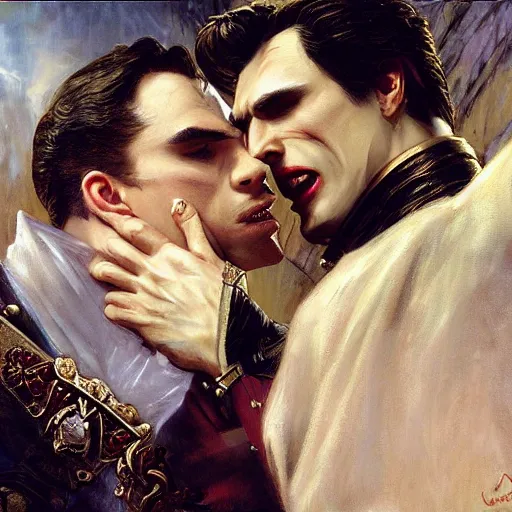 Image similar to attractive male, arthur pendragon confesses his love to attractive male dracula the vampire. highly detailed painting by gaston bussiere, craig mullins, j. c. leyendecker 8 k