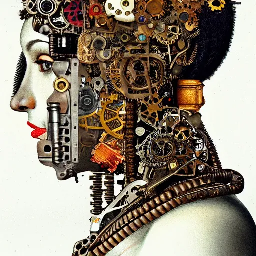 Prompt: profile portrait of a woman, computer parts, mechanical parts, by giuseppe arcimboldo, steampunk, cyberpunk.