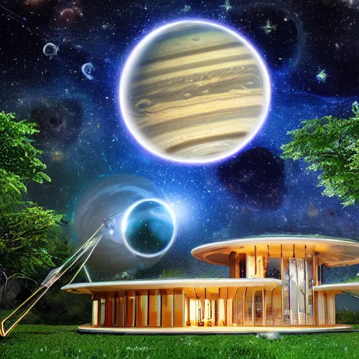 Prompt: fancy futuristic treehouse style mansion with smooth metal and domed roof, high with view of saturn rings and jupiter on space nebula galaxy background, detailed luminescent oil painting 4 k