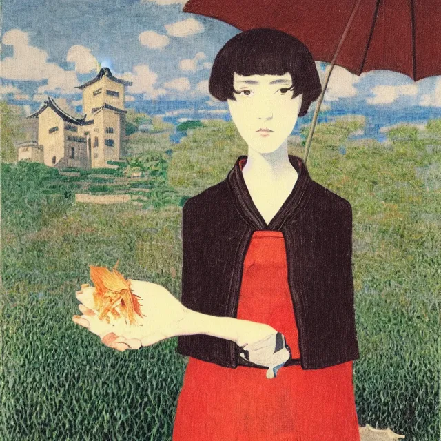 Image similar to tall emo girl artist holding a dried fish, at odawara castle, books, small portraits, persimmon, pigs, acrylic on canvas, surrealist, by magritte and monet