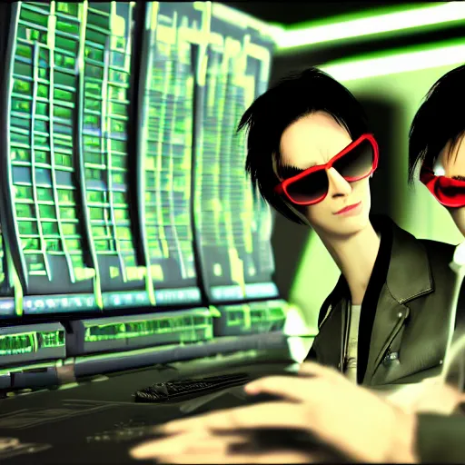 Image similar to twin brothers hacking into the mainframe of the matrix or whatever, in the style of jamie hewlett and riyoko ikeda, octane render