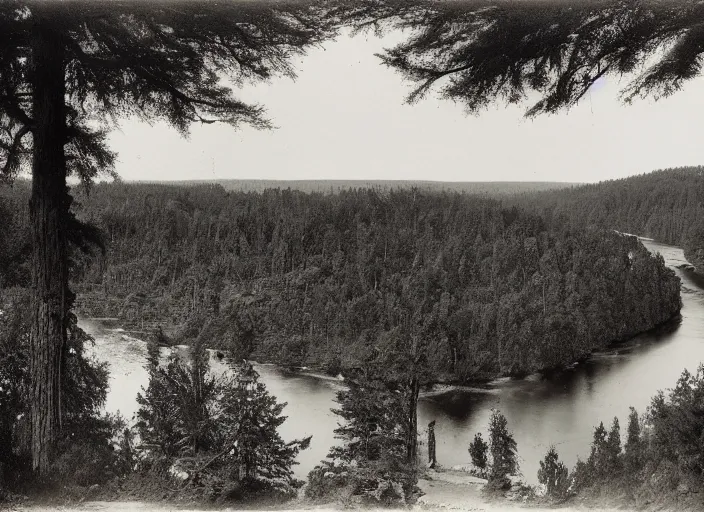 Prompt: Overlook of a river and dry bluffs covered in pine trees, albumen silver print by Timothy H. O'Sullivan.