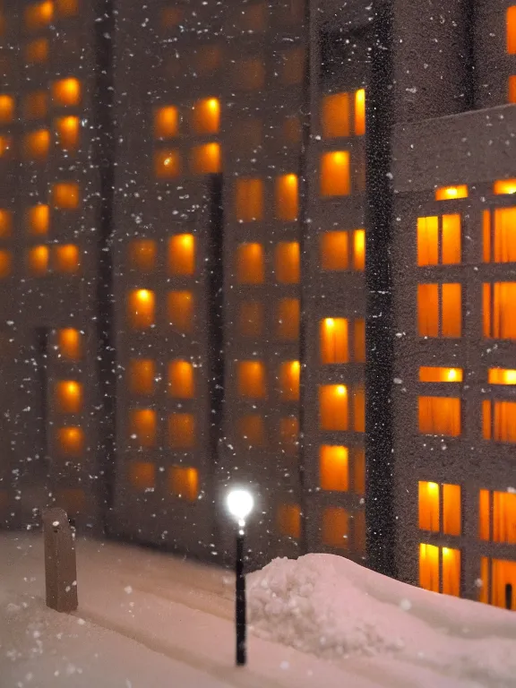 Prompt: mega detailed miniature diorama a soviet residential building, brutalism architecture, suburban, warm lights are on in the windows, man lies in the snow, dark night, fog, winter, blizzard, cozy and peaceful atmosphere, row of street lamps with warm orange light, several birches nearby, 1 9 9 0