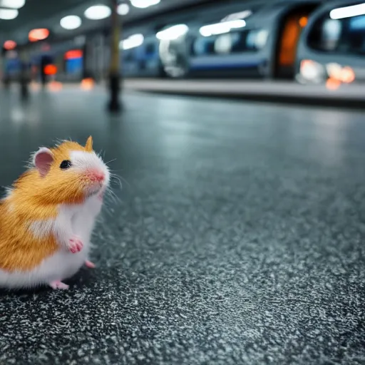 Image similar to photo of a metro, a tiny hamster is sitting on a seat, various poses, unedited, soft light, sharp focus, 8 k