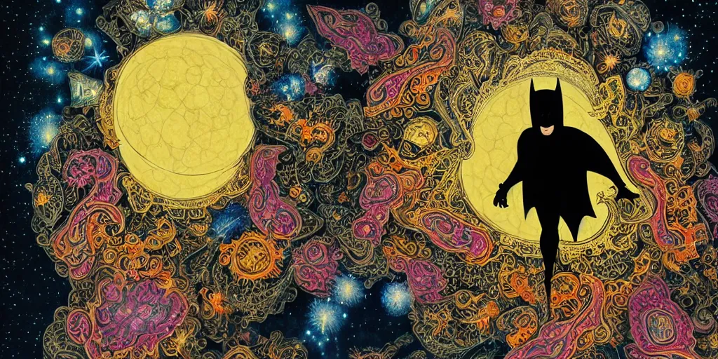 Prompt: disco diffusion portrait of batman, on the moon : : cosmic tarot card, intricate fractal details, broken reality, fanciful floral mandelbulb, black paper, style of wes anderson