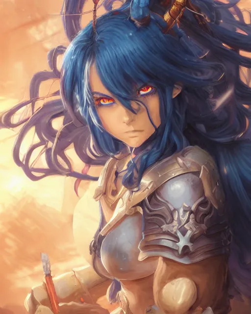 Image similar to An anime portrait of a beautiful D&D half-orc female with long wavy dark blue hair, bright orange eyes, intricate full body armour, fantasy soldier, by Stanley Artgerm Lau, WLOP, Rossdraws, James Jean, Andrei Riabovitchev, Marc Simonetti, and Sakimichan, highly detailed, ultra detailed, golden hour, trending on artstation, cgstudio