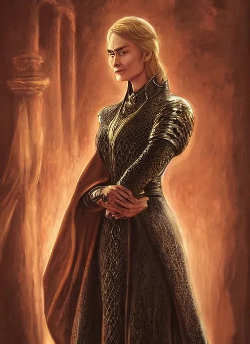 Image similar to cersei lannister by anne stokes and larry elmore, detailed matte painting, realistic portrait, symmetrical, highly detailed, digital painting, artstation, concept art, smooth, sharp focus, illustration, cinematic lighting, 8 k resolution